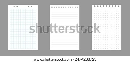 Set of notebook sheets isolated on gray background. Realistic white blanks of checkered, lined and dots paper. Different vertical pages from diary. Vector template.