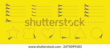 Cut here. Black scissors cutting. Set of cut dash lines and shapes isolated on yellow background. Simple Vector illustration. Shear cutting paper coupon or the cloth label along the line.