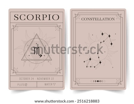 Scorpio. Witchcraft cards with astrology zodiac sign and constellation. Modern boho astrology posters. Perfect for tarot readers and astrologers. Vector illustration.