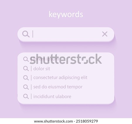 Lsi keyword. Keyword Ranking with search bar. Key phrases generation service. 3d Vector illustration. Selection and analysis popular search terms.