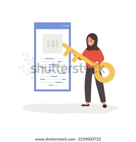 Lsi keyword. Latent Semantic Indexing. SEO concept. Vector illustration in flat cartoon style. Arabian female character with key is engaged in Web analysis and word search optimization.