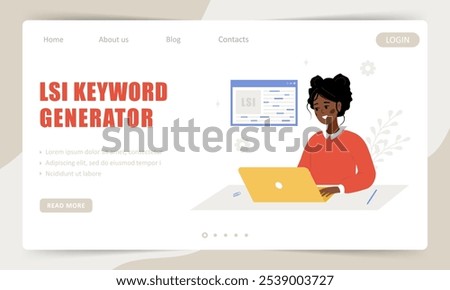 Lsi keyword generator. Landing page template. Key phrases generation service. Vector illustrations in cartoon style. Word search optimization.