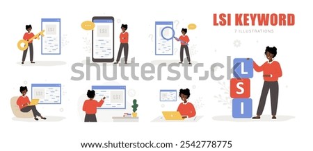 Lsi keyword. Latent Semantic Indexing. Search engine marketing. Set of Vector illustrations in flat cartoon style. African female characters is engaged in Web analysis and word search optimization.