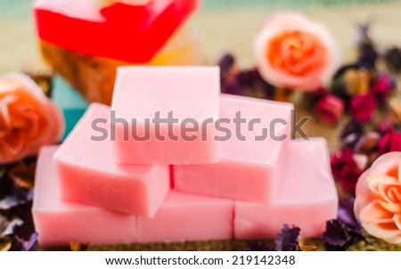 cosmetics bottles, soap and towels spa