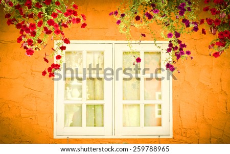 Blurry of windows and fresh flowers in vintage retro style.soft focus.