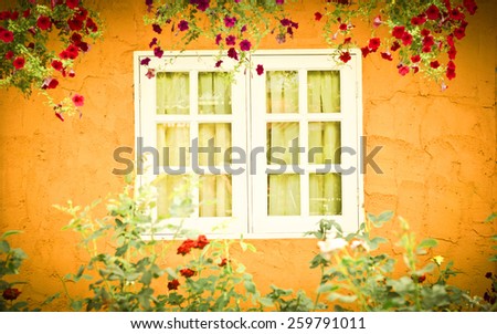 Blurred of close windows and fresh flowers in vintage retro style.soft focus.
