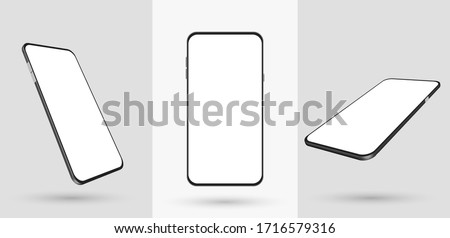 Smartphone mockup in rotated position. Mobile from different angles with blank screen. Template for presentation 3D realistic device. Vector illustration for banner, flyer, business card.