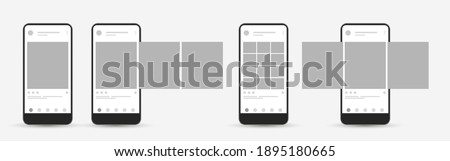 Smartphone mock up with carousel interface post on social network. Social media mobile app page template. Design of the tape profile. Vector illustration