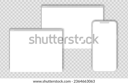 Business template with web browser window, phone screen. Web page mockup for analysis, motivation, data. Blank device. User interface elements. Vector isolated illustration on transparent background.
