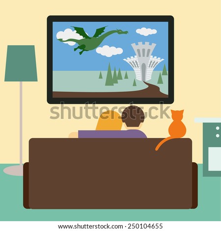 Couple, couch, tv, cat. Flat style couple, cat watching the adventure film on television. Couple, cat sitting on couch in room. Movie. Television. Family. Couch. Film. Couch. Couple. Tv. Room interior