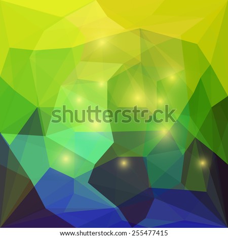 Abstract blended bright green, blue and yellow colored polygonal triangular geometric background with lights for use in design for card, invitation, poster, banner, placard or billboard. Raster copy