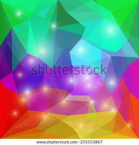 Abstract bright rainbow spectral colored polygonal triangular geometric background with glaring lights for use in design for card, invitation, poster, banner, placard or billboard cover. Raster copy