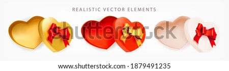 Set of Valentine empty Boxes heart with red, gold bow on white background. Open gift box. 3d realistic vector. Collection of realistic gifts presents flat lay top view. Vector illustration.