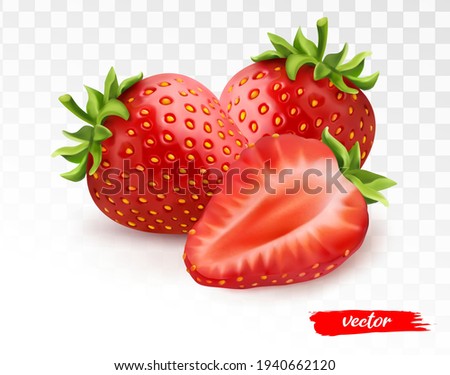Two whole strawberries and half of strawberry on transparent white background. 3d realistic vector illustration of strawberry.
