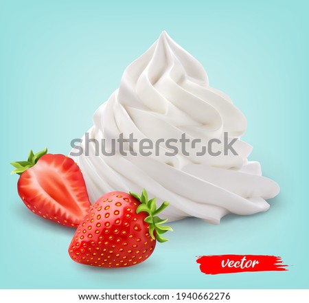 Whipped cream with whole strawberry and half strawberry on blue background. 3d realistic vector illustration of whipped cream with strawberries.