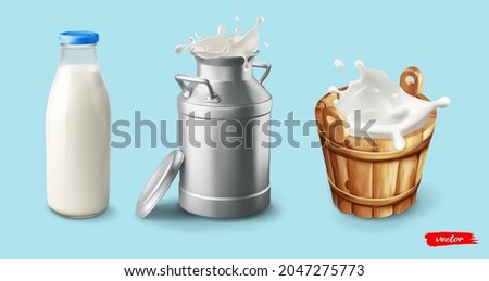 Milk. Natural dairy product. Bottle, can, wooden bucket with milk splash wave. Concept for package of milk.