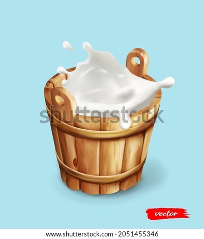 Wooden milk bucket with splash of fresh milk. Farmer dairy product. Concept for package of milk.