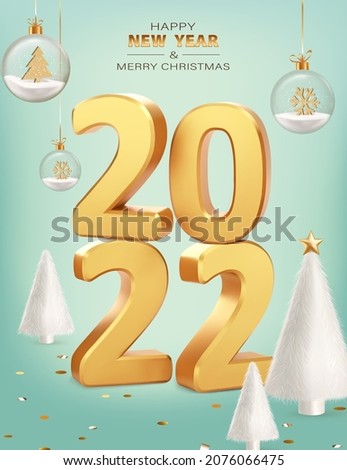 Happy New Year 2022. Numbers 2022 with white fur Christmas trees on blue background. Trendy Xmas background with glass balls, glitter golden confetti. Realistic vector illustration. Banner, invitation