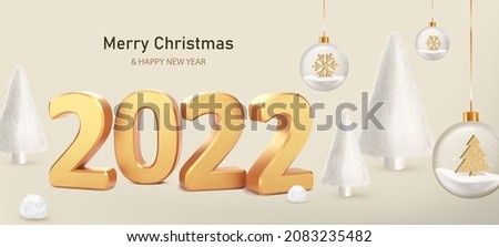 Happy New Year 2022. Numbers 2022 with fur balls and white fur Christmas trees on beige background. Trendy Xmas background with glass balls, glitter golden confetti. Realistic vector illustration