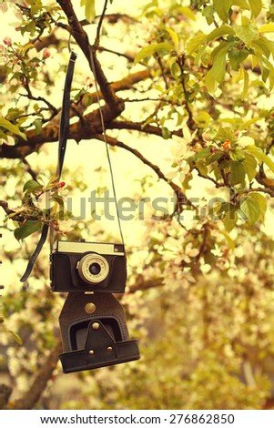 Old a retro the camera hangs on an apple-tree in sunny spring day. Toned image. Vertical