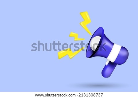 Blue 3d megaphone, a loudspeaker with lightning bolts on a blue background with a shadow. Vector illustration. Marketing concept