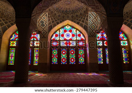 SHIRAZ, IRAN - APRIL 26, 2015: Nasir Al-Mulk Mosque in Shiraz, Iran, also named in popular culture as Pink Mosque. It was built in 1888 and is known in Persian as Masjed-e Naseer ol Molk.