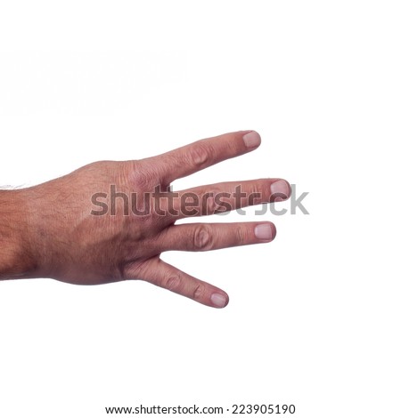 Human male right hand doing the countdown to zero, representing the number four the European way. Isolated on white background. Squared crop.