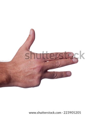 Human male right hand doing the countdown to zero, representing the number four the American way. Isolated on white background. Squared crop.