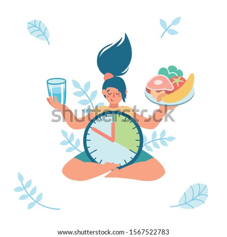 Woman is meditating, sitting in lotus position, holding a plate with healthy food and a glass of water in her hands, waiting for time to eat. Intermittent fasting. Yoga. Patience.  ストックフォト © 