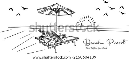 Outline sketch drawing of two branch and sun umbrella on beach, line art illustration vector silhouette of Umbrella on beach 2 chairs Stockfoto © 