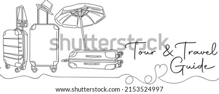 Outline sketch drawing of Travel luggage bag and suitcase hat and camera, Travel logo silhouette, line art illustration of Tour and Travel