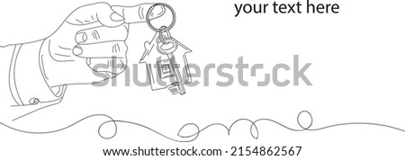 Outline sketch drawing of hand holding new home key with toy home symbol, real estate logo vector, silhouette, line art sketch illustration of hand holding new home key