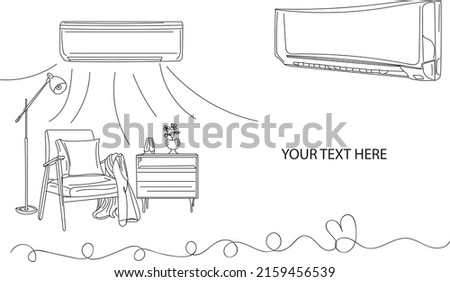 Air Conditioner Logo, Sketch drawing of AC in beautiful interior room, line art vector silhouette of Air Cooler in dyining room