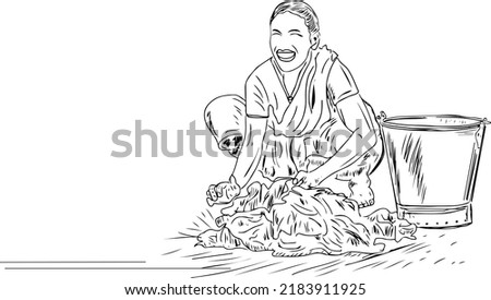 Sketch drawing of Indian young woman washing clothes in village, Line art illustration vector drawing of Indian Village woman washing clothes near village lake, Silhouette of Indian girl washing cloth