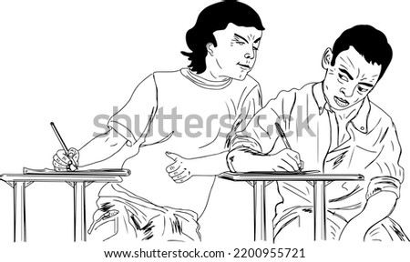 Student doing cheating in exam line art vector silhouette, kid copying from other students paper during examination.cartoon doodle drawing, school boys cheating in exam  outline sketch drawing