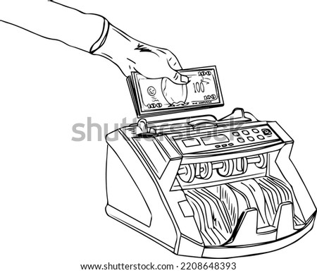 putting money into currency counting machine outline vector illustration, putting currency into money counting machine sketch drawing, cash counting machine silhouette and clip art
