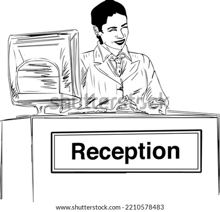 Reception girl line art vector illustration, Female receptionist cartoon doodle drawing, Hospitality and reception sketch drawing silhouette