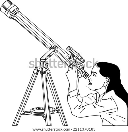 sketch drawing of young girl using telescope to see galaxy stars, vector outline illustration of cute little girl using telescope looking at stars, telescope clipart silhouette, cartoon doodle kid wit