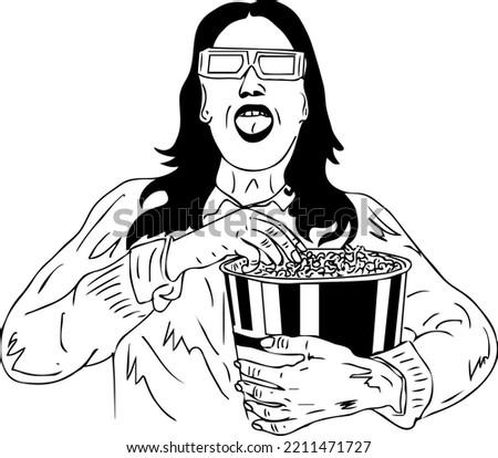 vector illustration of young girl watching movie and eating popcorn, woman wearing 3d googles and watching 3d movie sketch drawing, cinema watching girl cartoon drawing