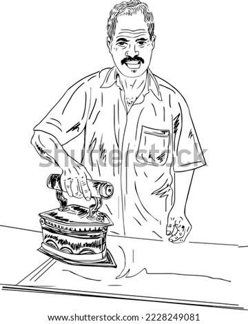 Indian traditional dhobi washerman holding old vintage iron, Indian washerman ironing clothes with old retro iron sketch drawing vector illustration, Elderly Indian man stroking the clothes iron