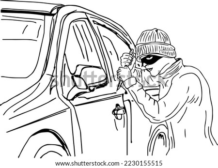 Car Thief Pictures, Images, man try to open car door with screwdriver sketch drawing vector illustration, car thief clipart and silhouette