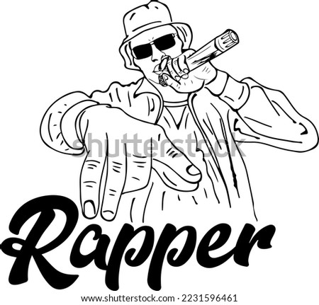Rapper logo, Rap singer monogram Sketch drawing illustration of a pop singer holding a microphone and singing. On stage, a new age rapper performs with a cartoon doodle character. 