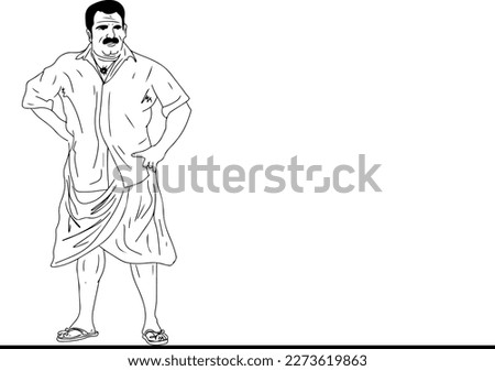 Line art vector illustration of South Indian man in standing pose wearing traditional dhoti kurta indian dress, South Indian man cartoon Character
