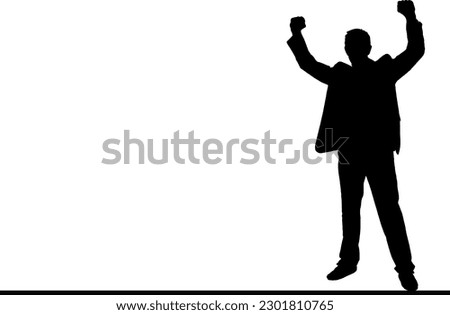 Joyful Business Victory: Silhouette of Young Man Raising Hands with Excitement