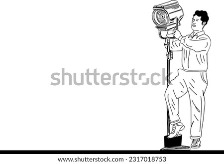 Outline sketch of film lighting crew with boy holding movie production light, Film lighting crew sketch drawing with boy operating production light