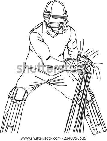 one line continuous sketch drawing cartoon illustration of Wicket Keeper doing quick stumping, Fastest stumping by cricket wicket keeper on spin bowling in t20 match
