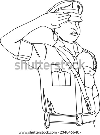 Proud Policewoman: One-Line Sketch Illustration of Saluting Hero, Nation's Pride: Police Officer's Salute in One-Line Sketch, One-Line Drawing of Policewoman in Uniform