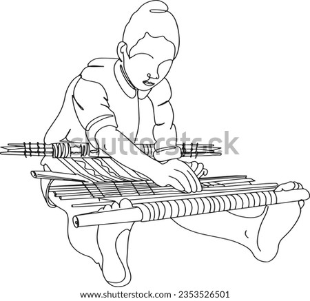 one line sketch drawing cartoon clip art of Peruvian Artist Weaving on a Traditional Hand-Weaving Loom, Fabrics with Traditional Looms by Skilled Hands, Women Designers Crafting on Traditional Handloo