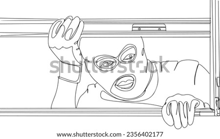 House Robbery Vector Illustration - Masked Thief at Window, Burglar Watching for Break-In - Vector Illustration of Criminal, Thief Planning Robbery - Vector Art of Masked Burglar