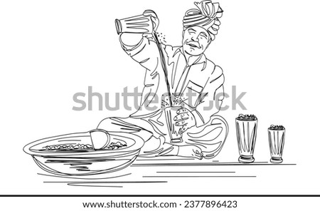 Local Street Fusion: Indian Milkman Serving Saffron Kesar Lassi - Cartoon Illustration, Old Delhi's Lassi and Rabri Display, Milkman Prepares Saffron Kesar Lassi - Cartoon Illustration